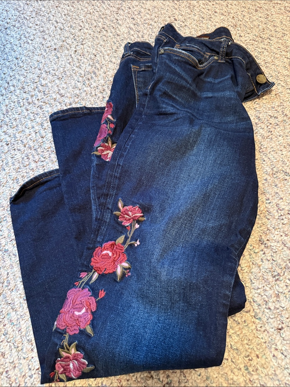 Kut from the Kloth Dark Blue Straight Leg Jeans with Pink Floral Embroidery